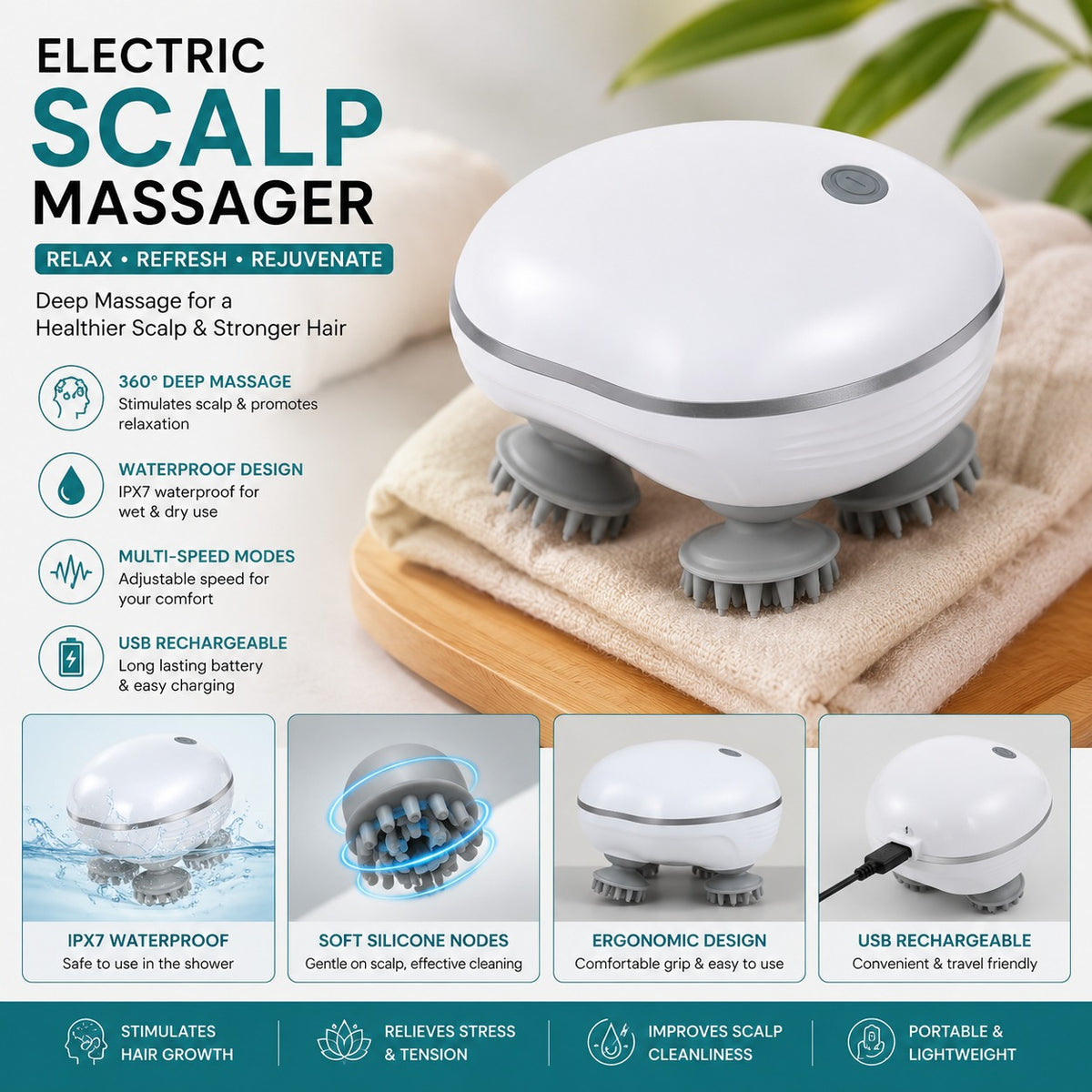💆 Rechargeable Waterproof Scalp Massager™ – Relax, Refresh & Rejuvenate