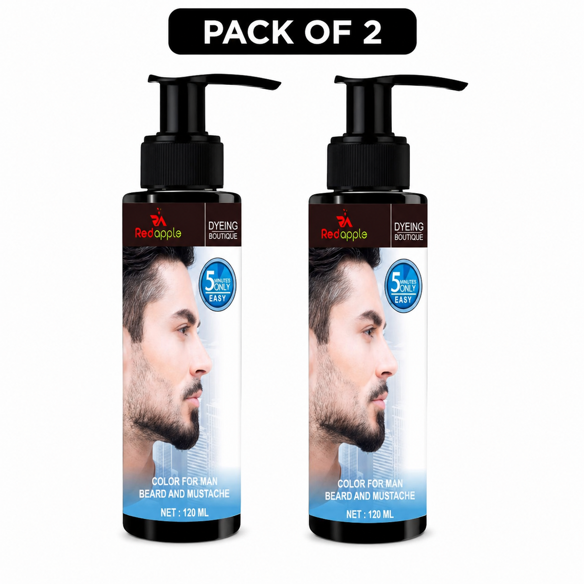 Men's Hair Mustache & Beard Dye for Gray Hair Coverage - Natural Black Color in 5 Minutes, Easy Application Shampoo for Facial Hair 120ml each pack of2